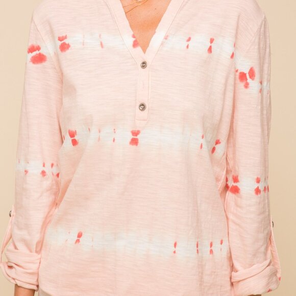 HEM & THREAD Light Pink Tie-Dye Long Sleeve Henley Top, Soft Cotton Blend Casual - Picture 7 of 7
